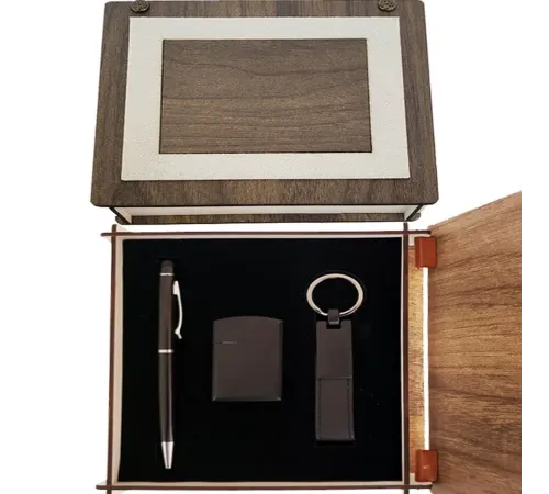 Özel Ahşap Kutulu Mat Siyah Kalem Anahtarlık ve Çakmak Set