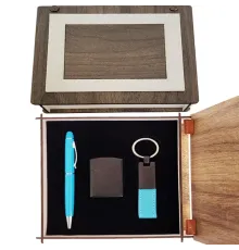 Özel Ahşap Kutulu Mavi Kalem Anahtarlık ve Çakmak Set