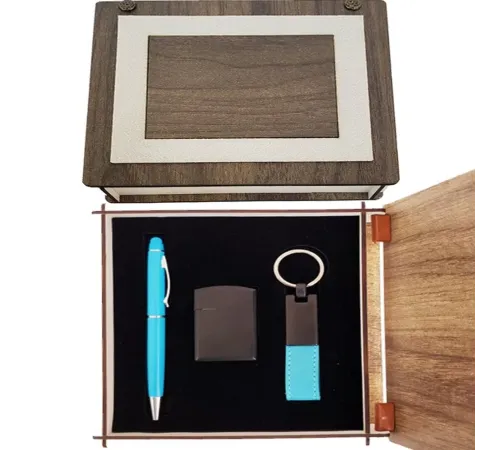 Özel Ahşap Kutulu Mavi Kalem Anahtarlık ve Çakmak Set