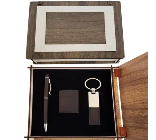 Özel Ahşap Kutulu Siyah Anahtarlık Kalem ve Çakmak Set