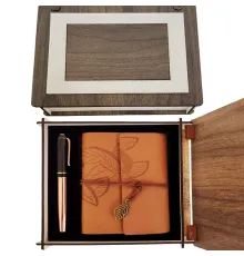 Özel Ahşap Kutulu Taba Deri Defter ve Bakır Roller Kalem Set