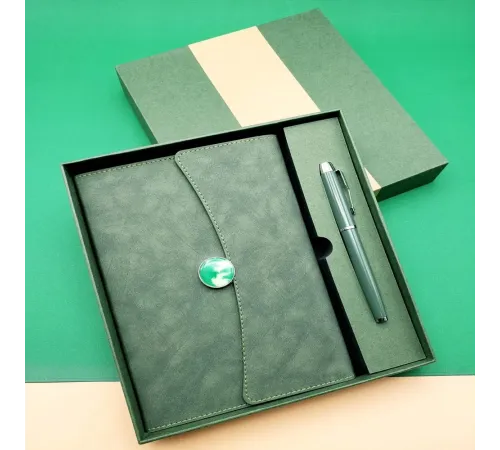 Özel Kutulu Deri Defter Ve Roller Kalem Seti Yeşil
