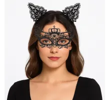 Parti Gecesi Siyah Dantel Maske ve Taç Seti 9 No