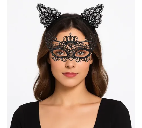 Parti Gecesi Siyah Dantel Maske ve Taç Seti 9 No