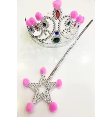 Pembe Ponponlu Gümüş Renk Prenses Tacı ve Gümüş Renk Prenses Asası