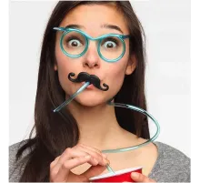 Pipetli Parti Gözlüğü - Çocuk ve Yetişkin Bıyıklı Pipet Gözlük Mavi Renk 18x14 cm