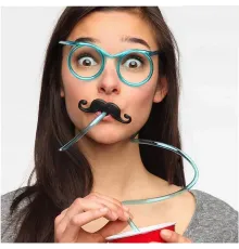 Pipetli Parti Gözlüğü - Çocuk ve Yetişkin Bıyıklı Pipet Gözlük Mavi Renk 18x14 cm