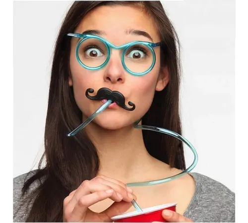 Pipetli Parti Gözlüğü - Çocuk ve Yetişkin Bıyıklı Pipet Gözlük Mavi Renk 18x14 cm