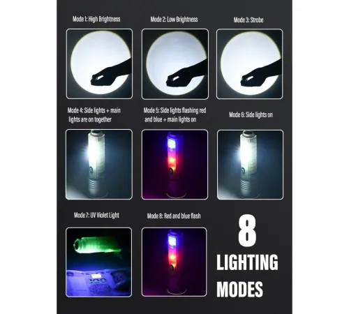 Profesyonel TG LED Güçlü 8 Modlu Type-C 1000 Lümen Polis Çakarlı Şarjlı El Feneri