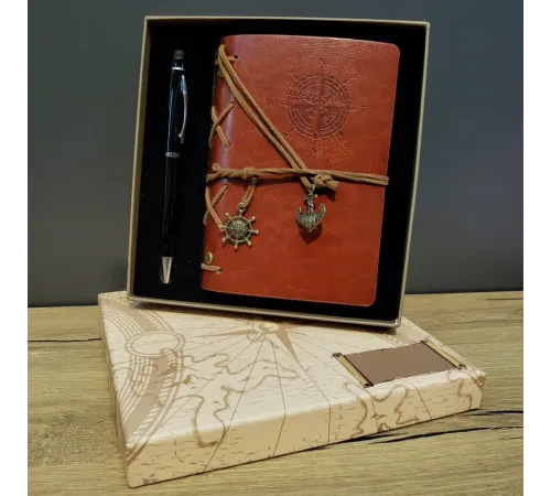 Pusula Baskılı Deri Defter Kalem Seti