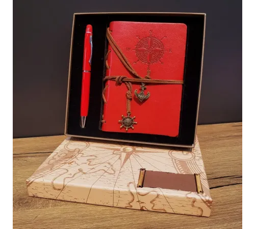 Pusula Tasarım Deri Defter Ve Dokunmatik Kalem Kırmızı