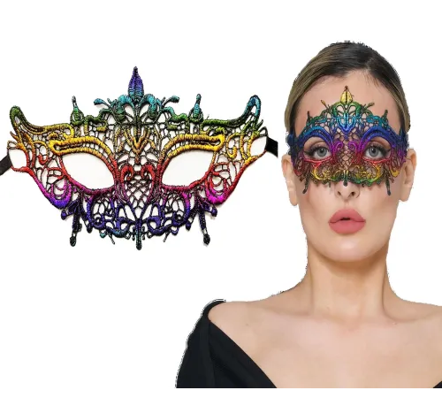 Rengarenk Dantel Kesim Dantel İşlemeli Balo Parti Maskesi Gökkuşağı