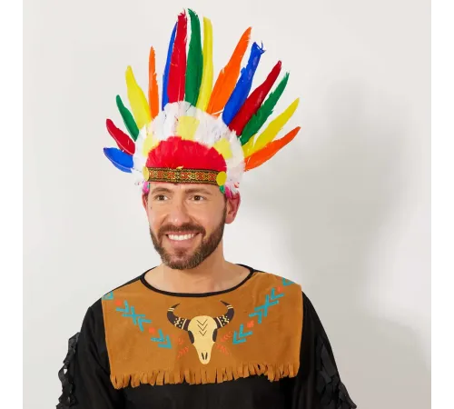 Rengarenk Gerçek Tüylü Lastik Aparatlı Kızılderili Başlığı