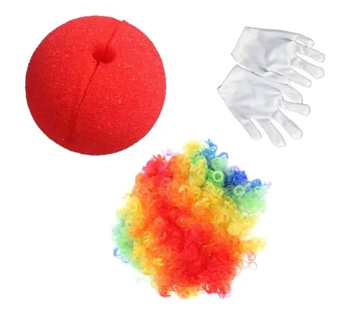 Rengarenk Palyaço Peruk Beyaz Eldiven Kırmızı Sünger Burun Palyaço Seti 3 Parça