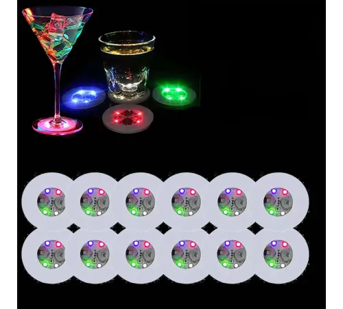 Renkli LED Işıklı Bardak Altlığı - Dekoratif 12 Adet Pilli