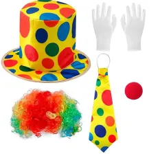 Renkli Palyaço Kostüm Seti – 5 Parça Aksesuar (Şapka, Peruk, Kravat, Eldiven, Burun)