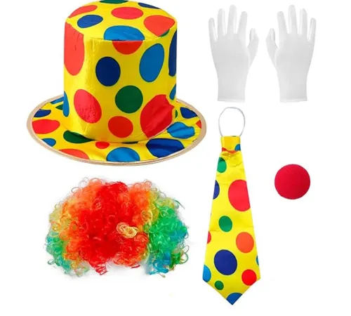 Renkli Palyaço Kostüm Seti – 5 Parça Aksesuar (Şapka, Peruk, Kravat, Eldiven, Burun)