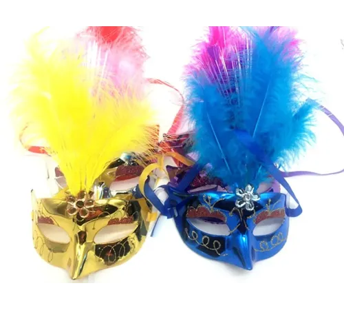 Renkli Tüylü Venedik Parti Maskesi Karışık Renk 12 Adet