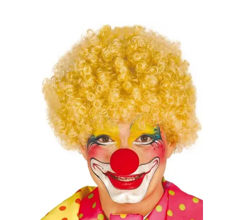 Sarı Renk Kıvırcık Afro Bonus Peruk Takma Saç ve Kırmızı Burun Seti