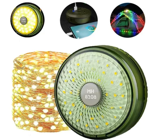 Şarjlı 10 Metre Ledli Şarj Göstergeli 8 Işık Modlu Hareketli Ve Flaşör Modlu Kamp Lambası Led Işık