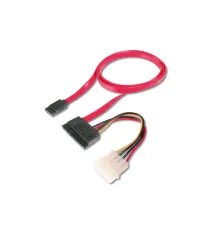 SATA Kablosu, SATA II/III, SATA 22 pin Dişi Konnektör - SATA 7 pin L Tip Dişi Konnektör + 4 pin Erkek Güç Konnektörü, yassı kablo tipi, 0.50 metre, AWG28, zırhsız, kırmızı renk