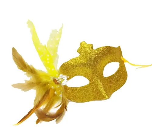 Sim İşlemeli İnci Boncuk Detaylı Tüylü Balo Maskesi Altın Renk 13x18 cm