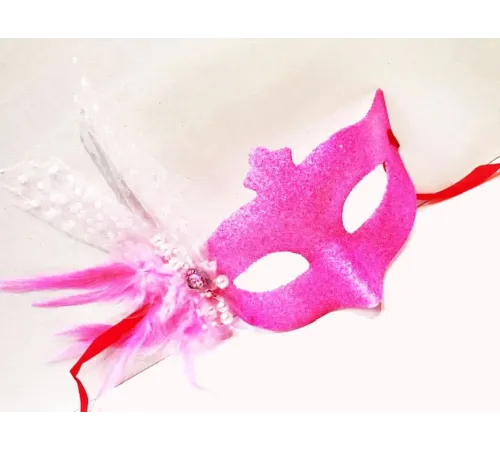 Sim İşlemeli İnci Boncuk Detaylı Tüylü Balo Maskesi Pembe Renk 13x18 cm