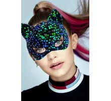 Siyah Kadife Kumaş Üzerine Mavi Yeşil Payetli Pullu Parti Maskesi 16x14 cm