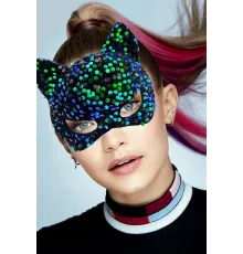 Siyah Kadife Kumaş Üzerine Mavi Yeşil Payetli Pullu Parti Maskesi 16x14 cm