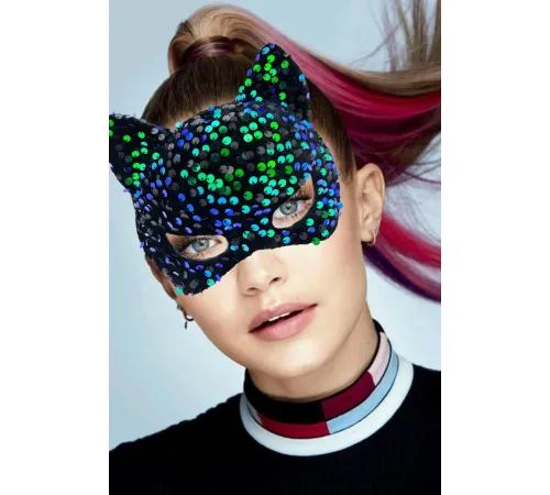 Siyah Kadife Kumaş Üzerine Mavi Yeşil Payetli Pullu Parti Maskesi 16x14 cm