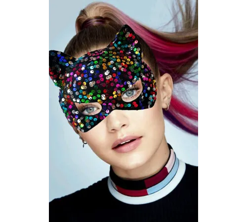 Siyah Kadife Kumaş Üzerine Rengarenk Payetli Pullu Parti Maskesi 16x14 cm