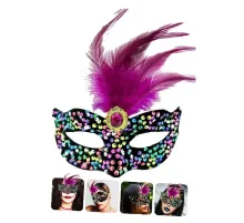 Siyah Kadife Üzeri Rengarenk Payetli Pullu Pembe Tüylü Pembe Taşlı Parti Maskesi 19x21 cm