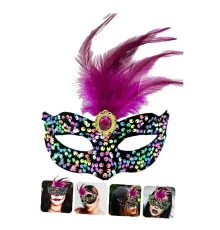Siyah Kadife Üzeri Rengarenk Payetli Pullu Pembe Tüylü Pembe Taşlı Parti Maskesi 19x21 cm