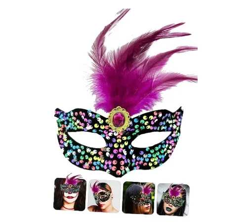 Siyah Kadife Üzeri Rengarenk Payetli Pullu Pembe Tüylü Pembe Taşlı Parti Maskesi 19x21 cm