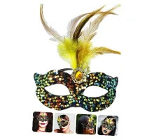 Siyah Kadife Üzeri Rengarenk Payetli Pullu Sarı Tüylü Sarı Taşlı Parti Maskesi 19x21 cm