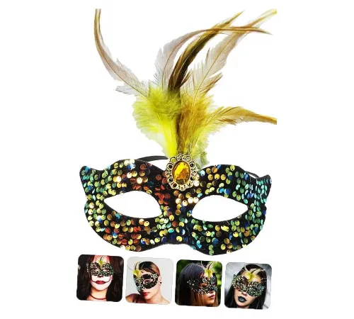 Siyah Kadife Üzeri Rengarenk Payetli Pullu Sarı Tüylü Sarı Taşlı Parti Maskesi 19x21 cm