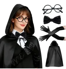 Siyah Kapüşonlu Büyücü ve Cadı Pelerin Kostüm Seti (4 Parça)