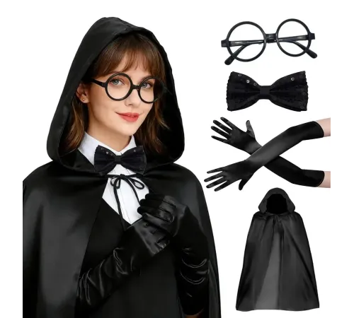 Siyah Kapüşonlu Büyücü ve Cadı Pelerin Kostüm Seti (4 Parça)