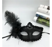 Siyah Mat Renk Yandan Tüylü Güllü Parti Balo Venedik Maskesi 16x22