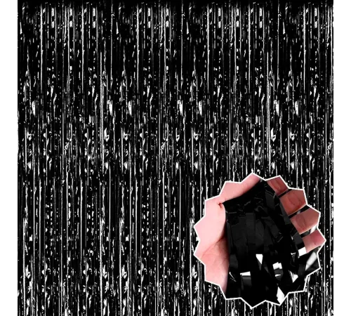 Siyah Renk Ekstra Metalize Parlak Saçaklı Arka Fon Perde İthal 1x2 Metre