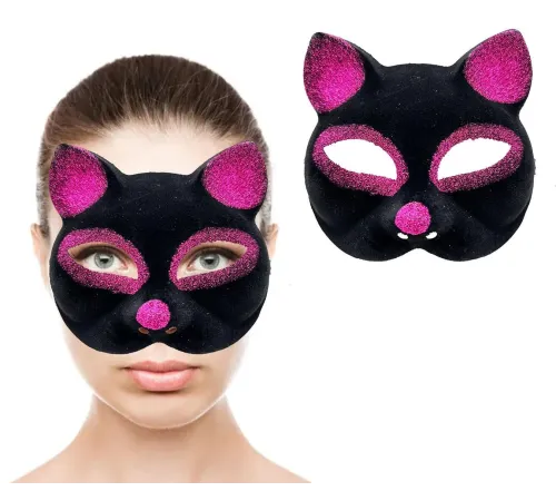 Siyah Renk Fuşya Simli Süet Kaplama Kedi Maskesi 18x14 cm