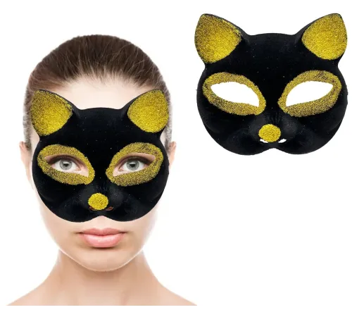 Siyah Renk Gold Simli Süet Kaplama Kedi Maskesi 18x14 cm
