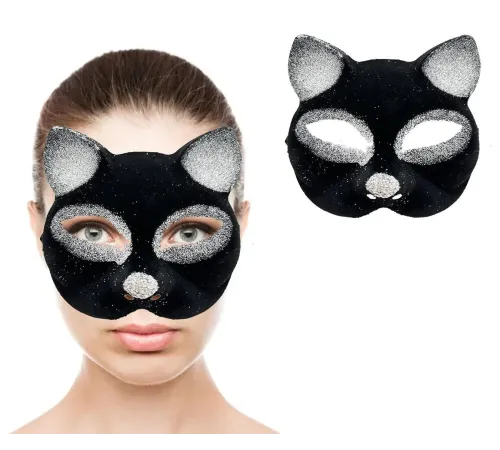 Siyah Renk Gümüş Simli Süet Kaplama Kedi Maskesi 18x14 cm