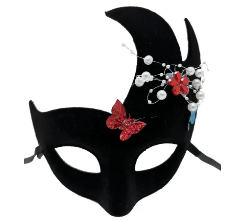 Siyah Renk İncili Taşlı Süet Kaplama Venedik Parti Maskesi 20x22 cm