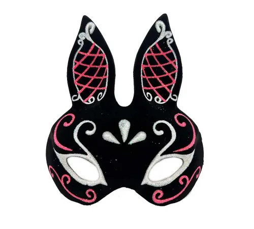 Siyah Renk Kırmızı Beyaz Simli Siyah Süet Kaplama Tavşan Maskesi 18x16 Cm