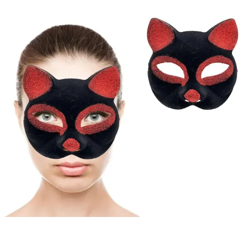 Siyah Renk Kırmızı Simli Süet Kaplama Kedi Maskesi 18x14 cm