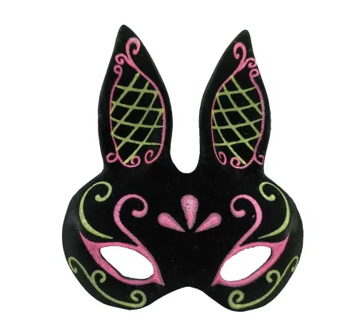 Siyah Renk Pembe Gold Simli Siyah Süet Kaplama Tavşan Maskesi 18x16 cm
