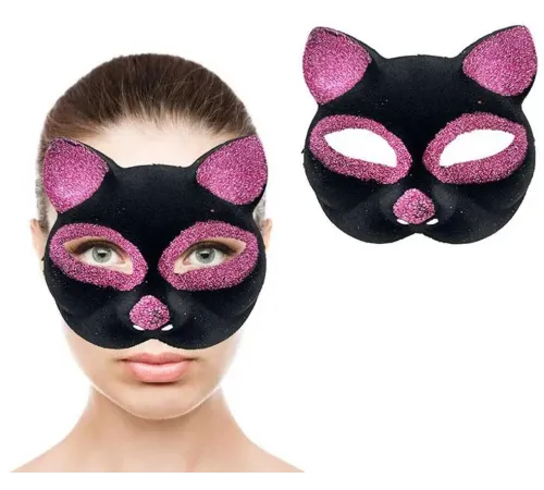 Siyah Renk Pembe Simli Süet Kedi Maskesi 18x14 cm