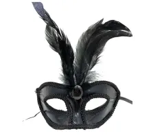 Siyah Renk Rugan Kaplama Kırmızı Tüylü Parti Maskesi 18x20 cm