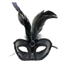 Siyah Renk Rugan Kaplama Kırmızı Tüylü Parti Maskesi 18x20 cm